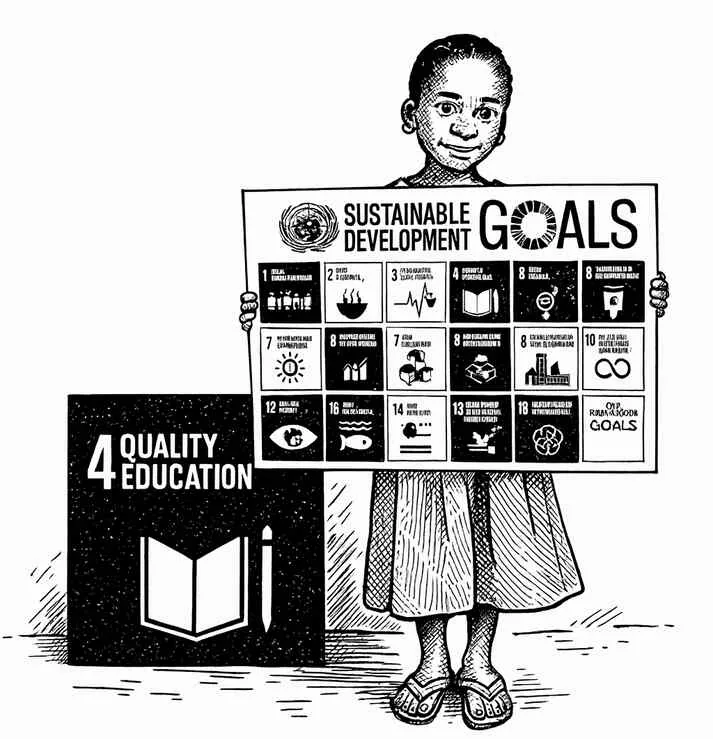 Child holding sustainable development goals board for ag education
